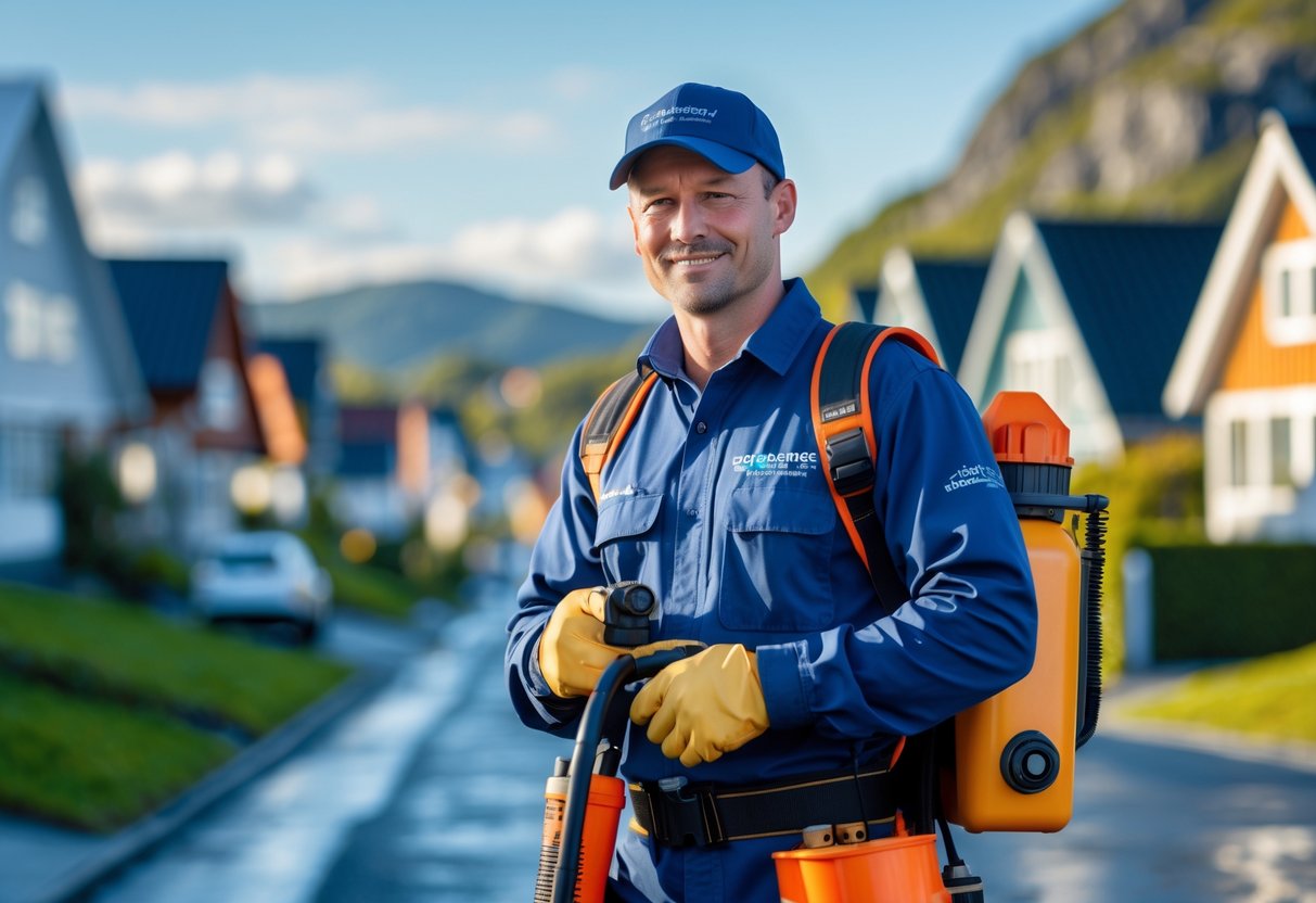En skadedyrkontrolltekniker i uniform holder utstyr foran typiske boliger i Stavanger.
