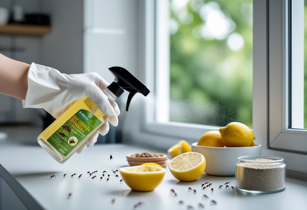 Person som sprayer naturlig middel mot maur på kjøkkenbenken, med naturlige forebyggingsmidler i bakgrunnen.