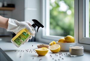 Person som sprayer naturlig middel mot maur på kjøkkenbenken, med naturlige forebyggingsmidler i bakgrunnen.