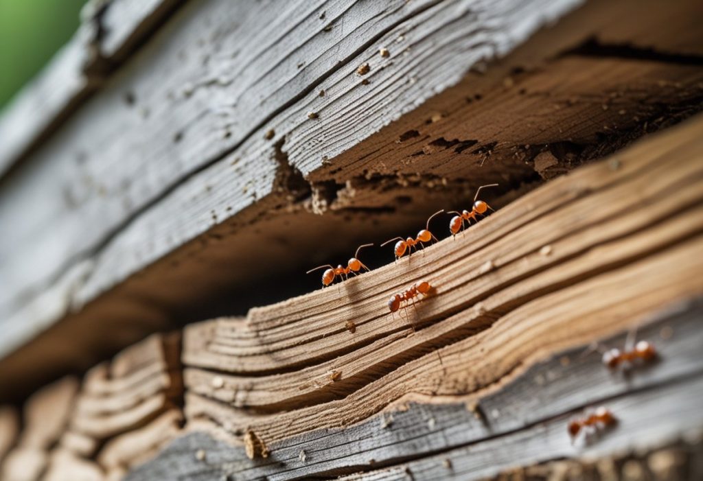 Nærbilde av treverk med stokkmaur som krabber på og i små tunneler i treet på en hytte.