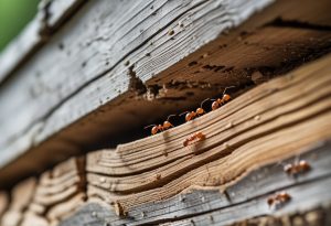 Nærbilde av treverk med stokkmaur som krabber på og i små tunneler i treet på en hytte.