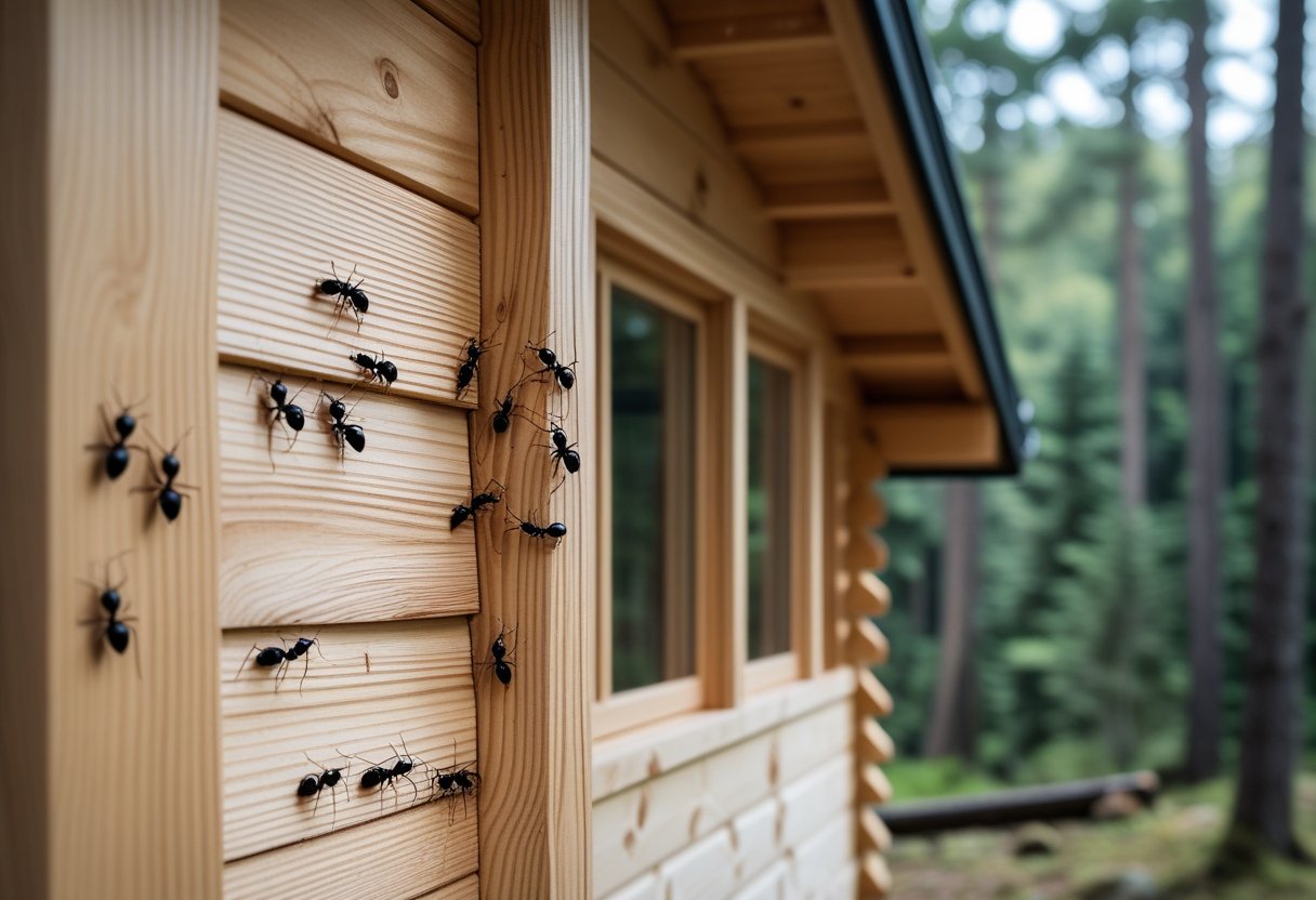 Nærbilde av en trehytte i skogen med små svarte maur på treverket.