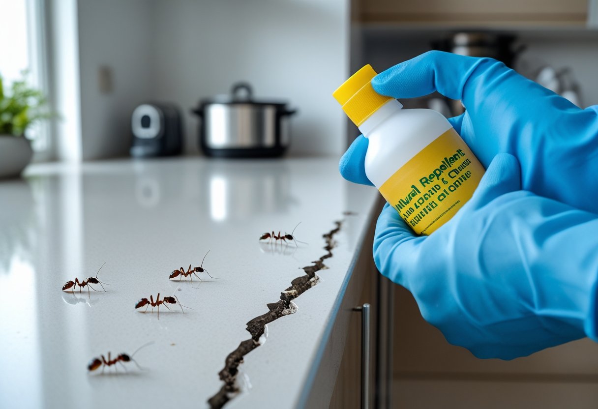 Nærbilde av maur nær en sprekk i kjøkkenveggen, med en person som påfører et middel for å hindre maur.