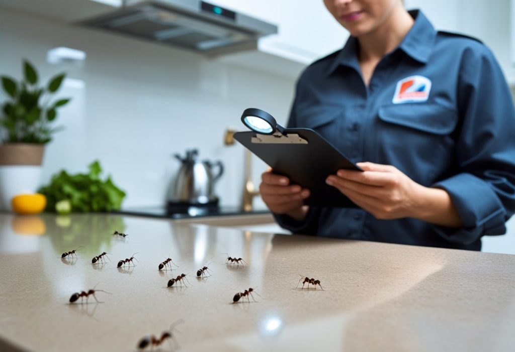 En skadedyrkontrollør undersøker en kjøkkenbenk med maur som krabber nær en sprekk.