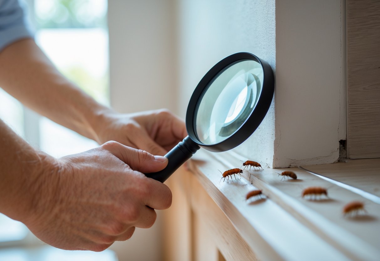 En person som undersøker et hjørne i et hjem med forstørrelsesglass og ser på små insekter på en treoverflate nær en list.