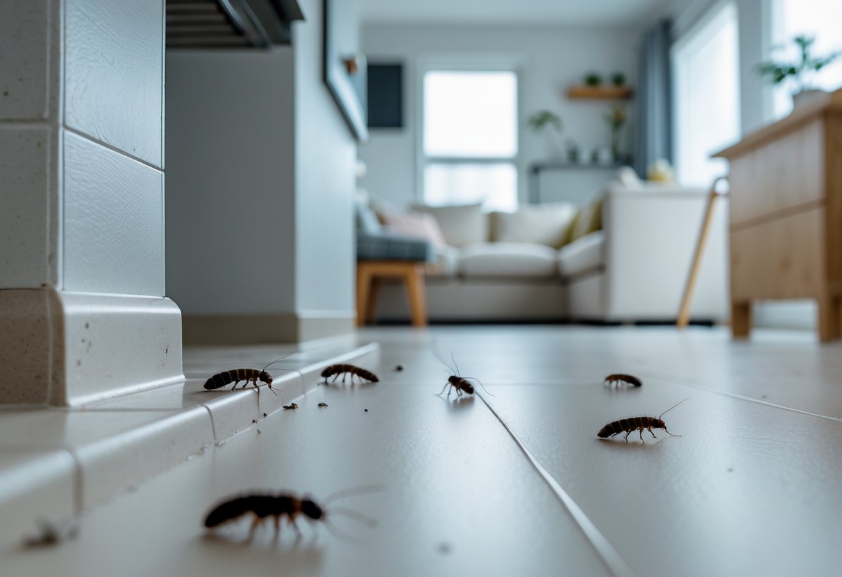 Nærbilde av et hjørne i et boligrom med små skjeggkre langs gulvlisten nær fuktige områder.