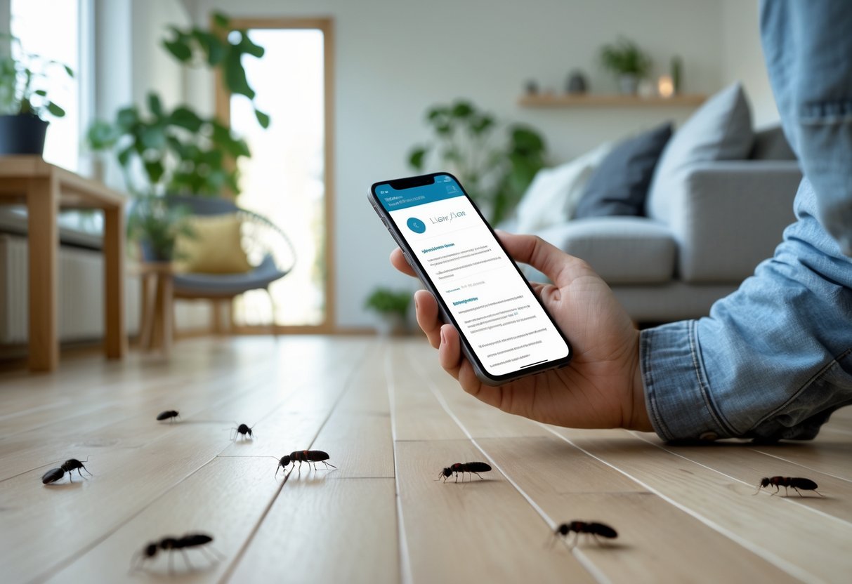 En person som undersøker gulvet i en stue for insekter mens de holder en smarttelefon.