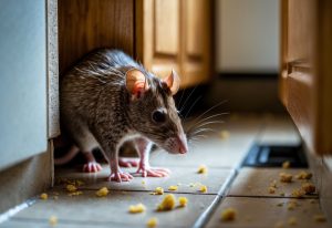 En brun rotte i et hjørne av et kjøkken med skap og flislagt gulv.