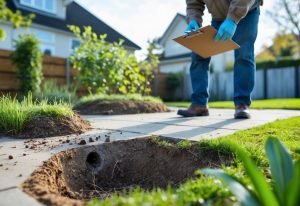 En person inspiserer en hage med tegn på rotter nær et lite hull i bakken ved et boligområde.