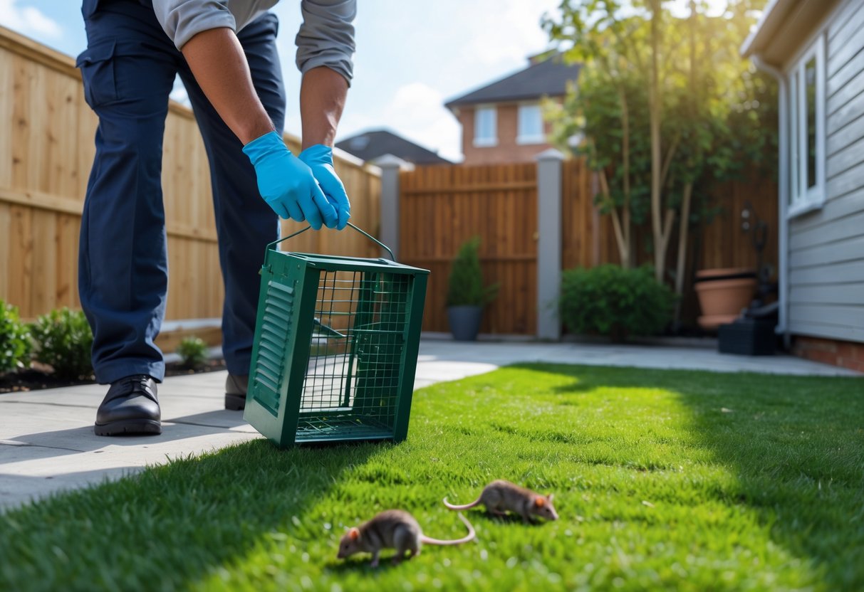 En person med hansker setter ut en rottfelle i en velstelt hage ved et hageskur.