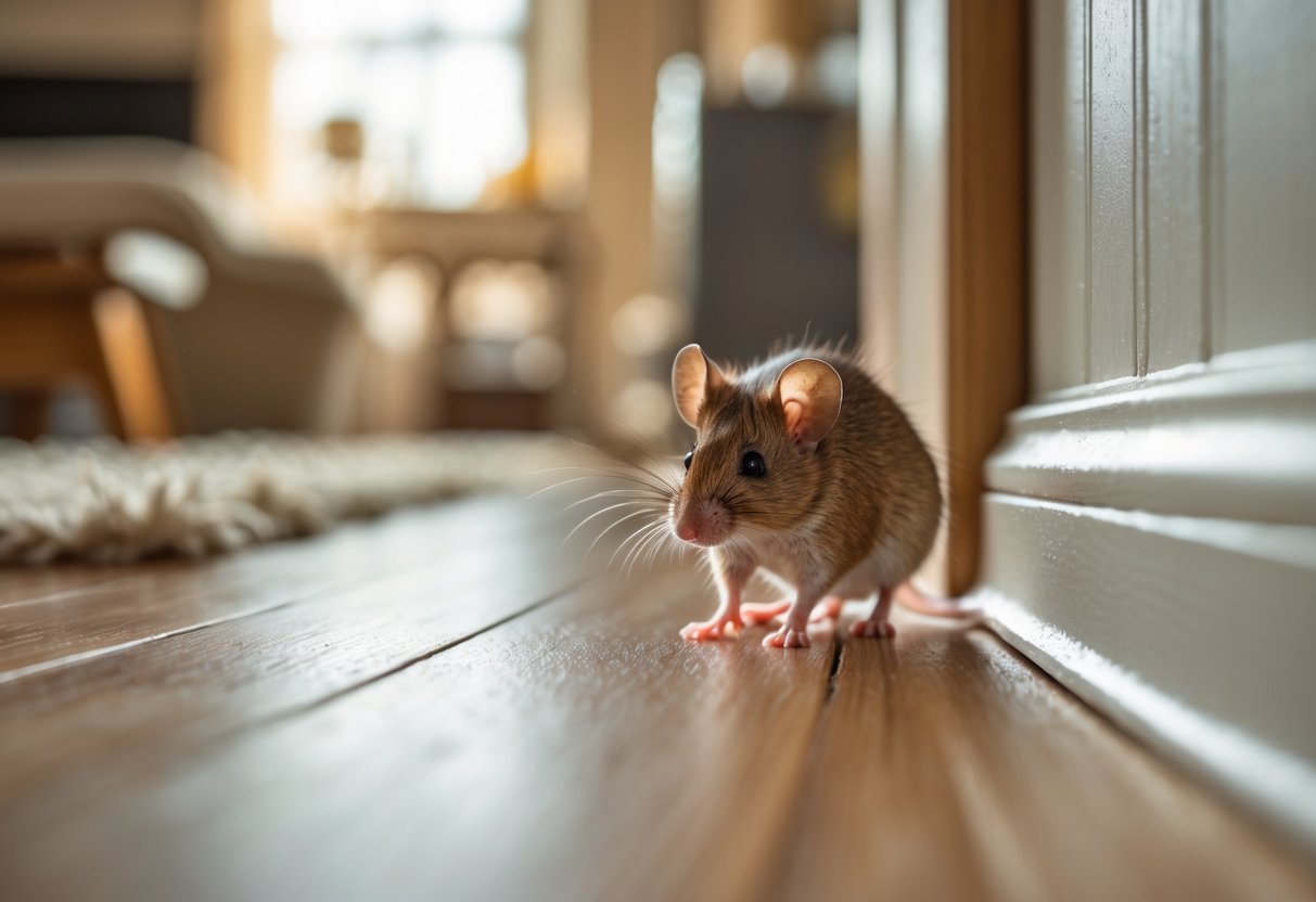 En liten mus på et tregulv inne i et koselig hus.