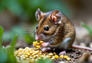 En liten brun mus spiser frø ute i naturen.