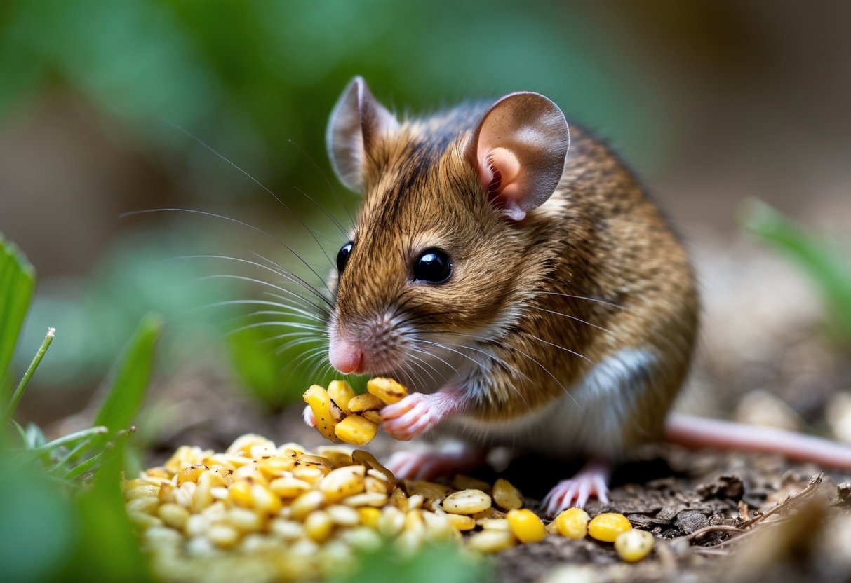 En liten brun mus spiser frø ute i naturen.