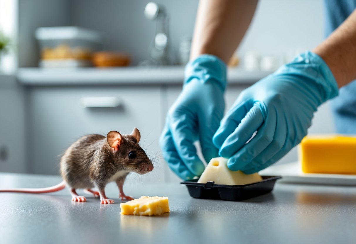 En mus nærmer seg mat på gulvet i et kjøkken mens en person håndterer en musefelle.