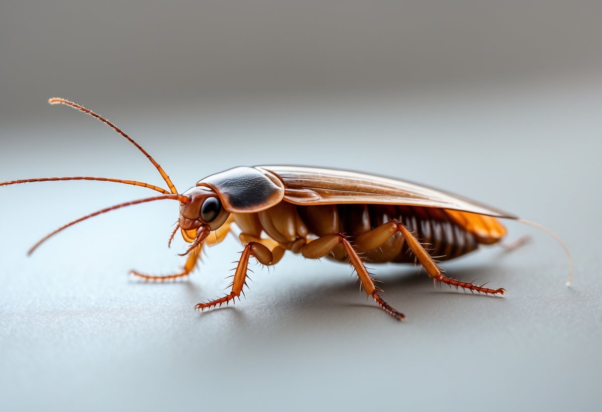 Nærbilde av en tysk kakerlakk på en nøytral overflate.