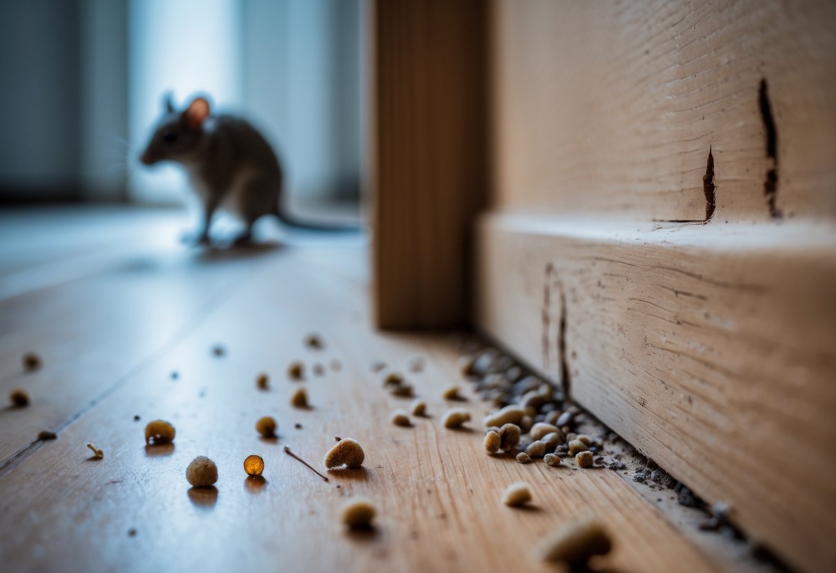 Nærbilde av musetegn med små avføringsbiter og gnagemerker på gulv og listverk i et rom.