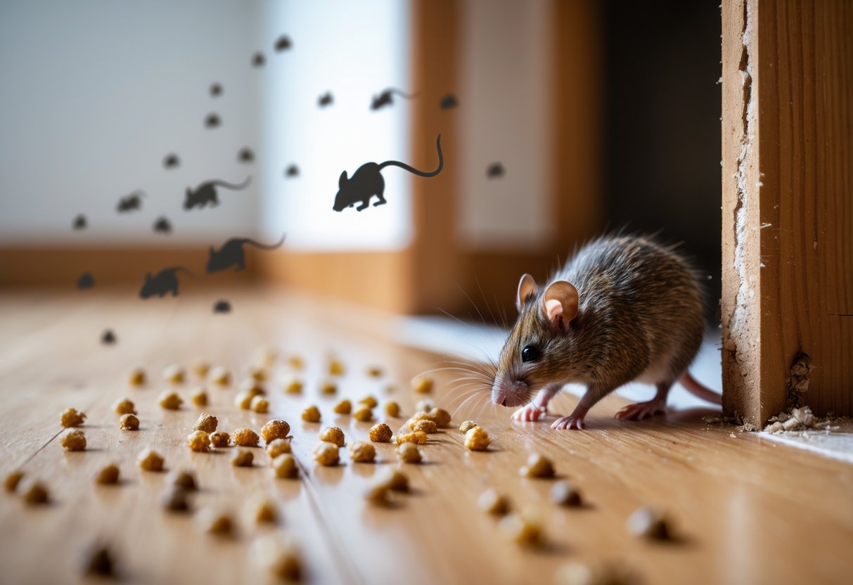 Nærbilde av musetegn med små avføringsbiter og gnagemerker på treverk i et rom.