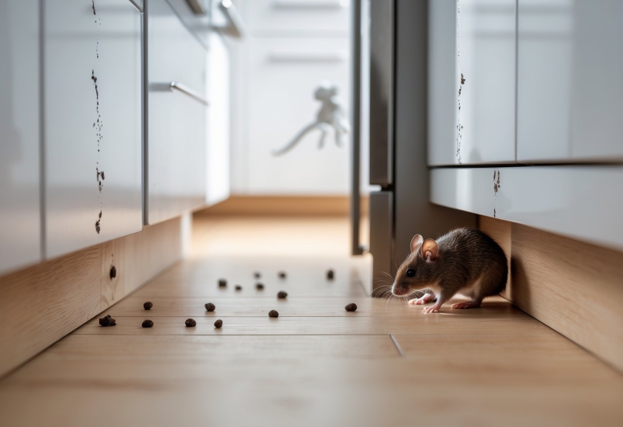 Et kjøkkenhjørne med små musespor som avføring og gnagemerker på gulvet og skapet.