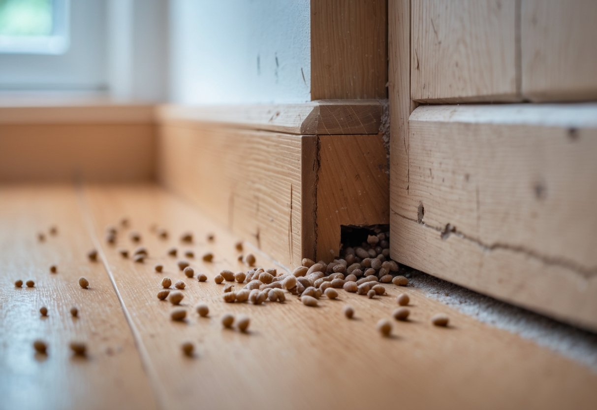 Nærbilde av et gulv og en vegg med muselort, gnagemerker og riper.