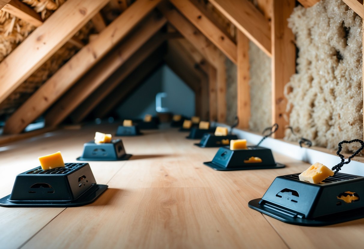 Loft og vegg med musefeller plassert strategisk og lokkemiddel på fellene.