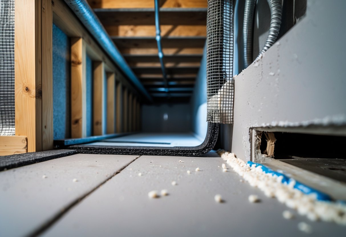 Nærbilde av tiltak som tetter mot mus og rotter i en kjeller med lister, ventiler og gjennomføringer.