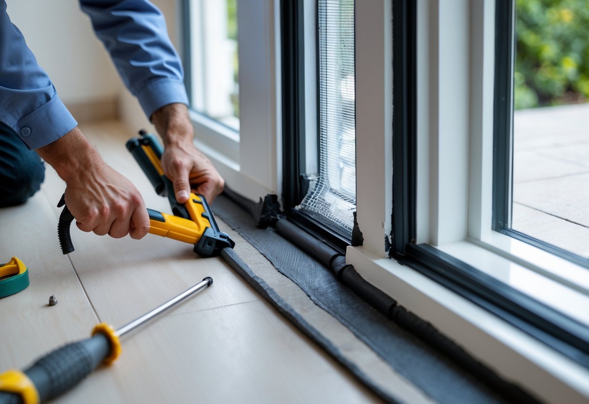 Hender som tetter lister og ventiler i et hjem for å hindre mus.