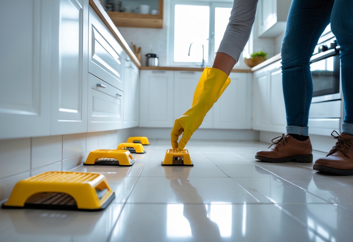 En person plasserer musefeller i et rent og lyst kjøkken for å forhindre mus i å komme inn i huset.