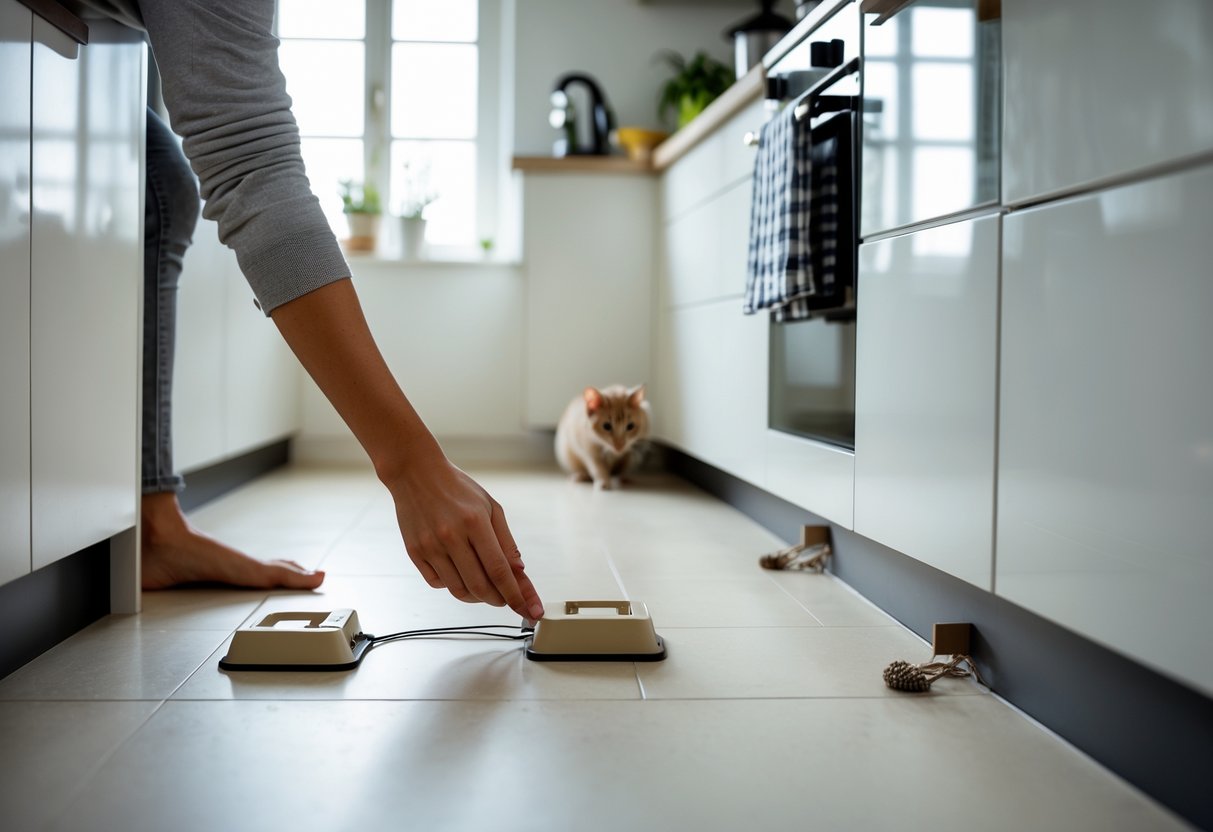 En person plasserer musefeller i et kjøkken for å forhindre mus i å ødelegge huset.