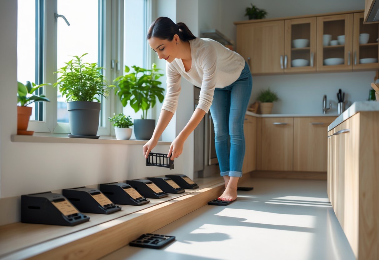 En person setter humane musefeller i et lyst og ryddig kjøkken.