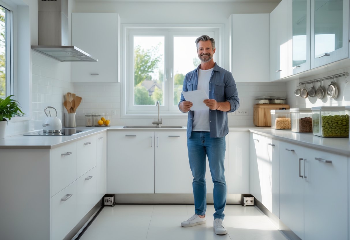 En person inspiserer et rent kjøkken med forebyggende tiltak mot mus, som tette sprekker og musefeller.