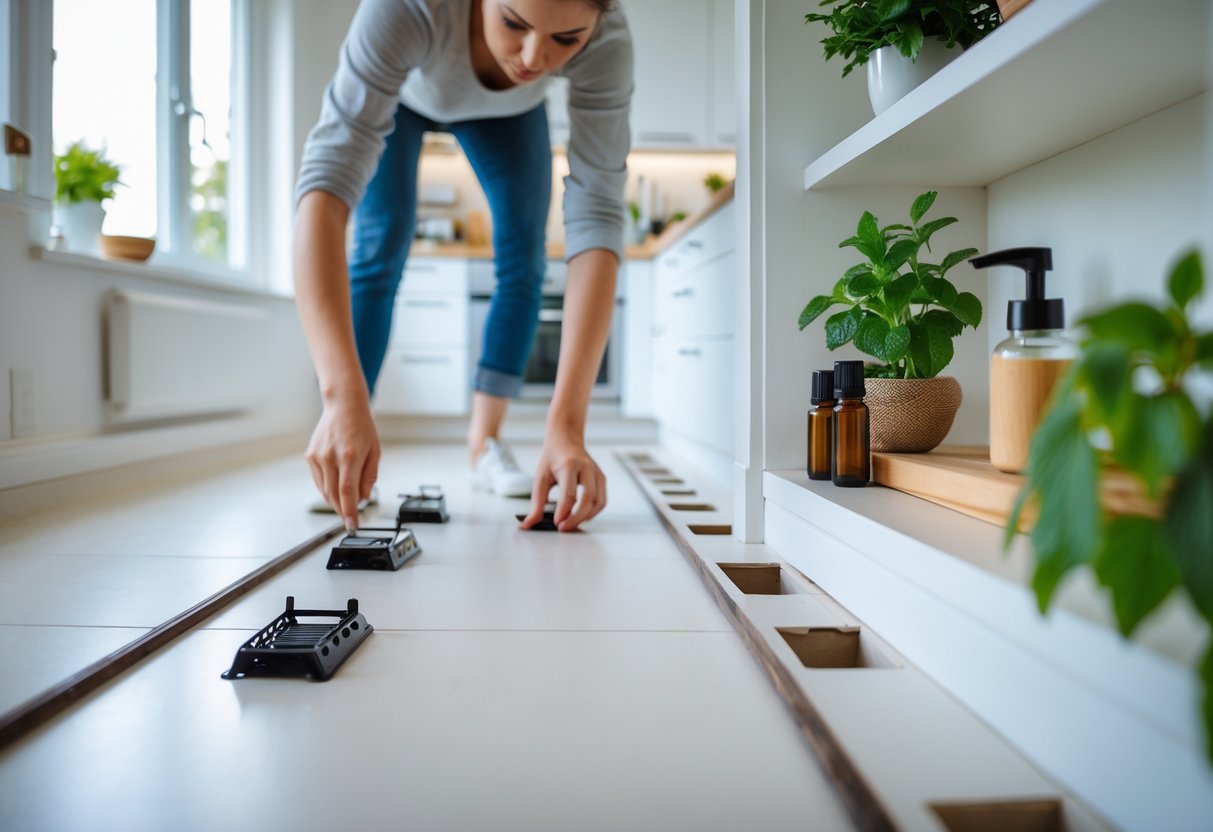 En person som setter ut musefeller i et lyst og ryddig hjem for å bekjempe mus uten gift.