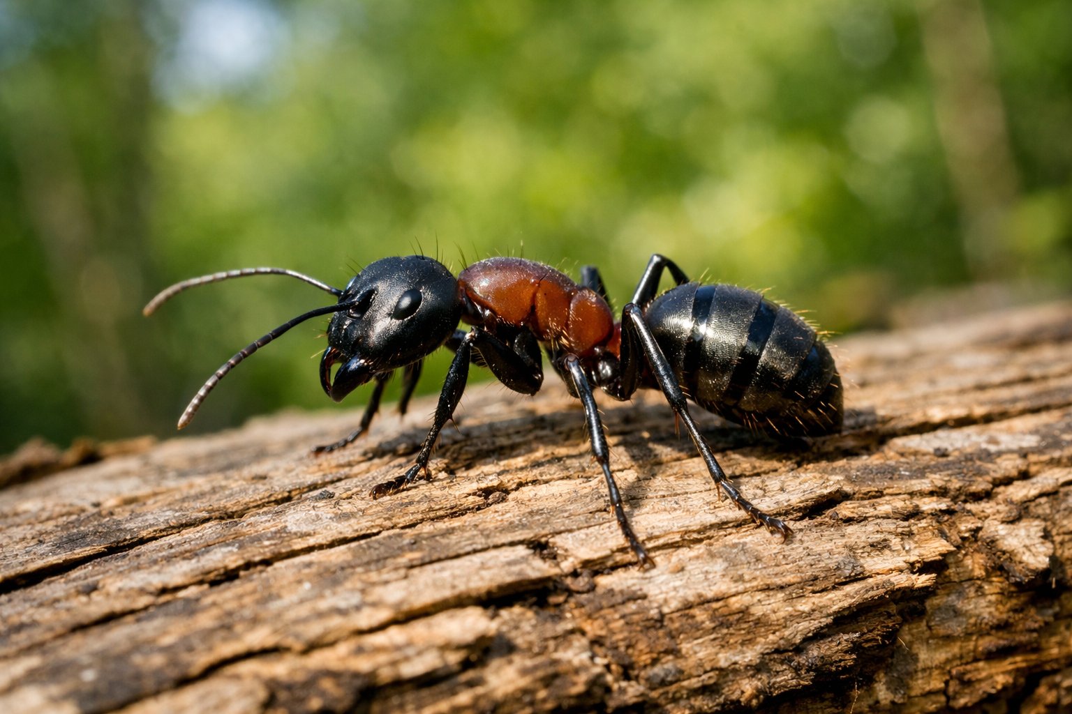 Nærbilde av en stokkmaur på et stykke tre i en naturlig utendørs skogsmiljø.