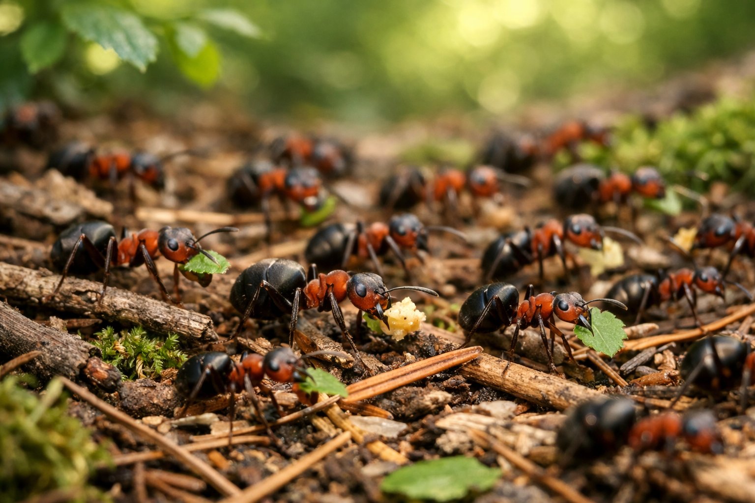Nærbilde av mange stokkmaur som beveger seg på skogbunnen med mose og nåler under trær.