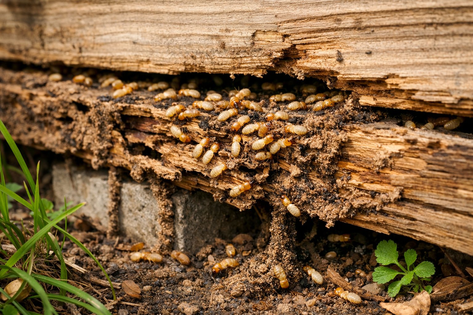 Nærbilde av en husgrunn med synlige skader fra termitter og flere termitter som kryper på treverket.