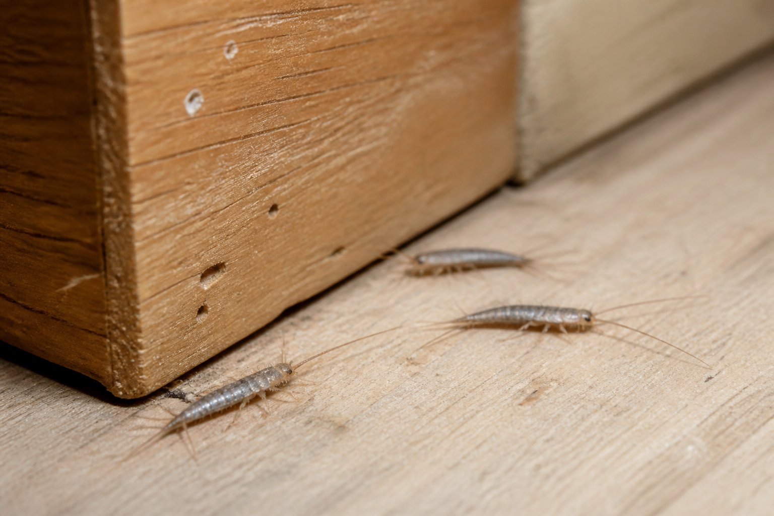 Nærbilde av et hjørne med treverk og små skjeggkre insekter som viser tegn på angrep.