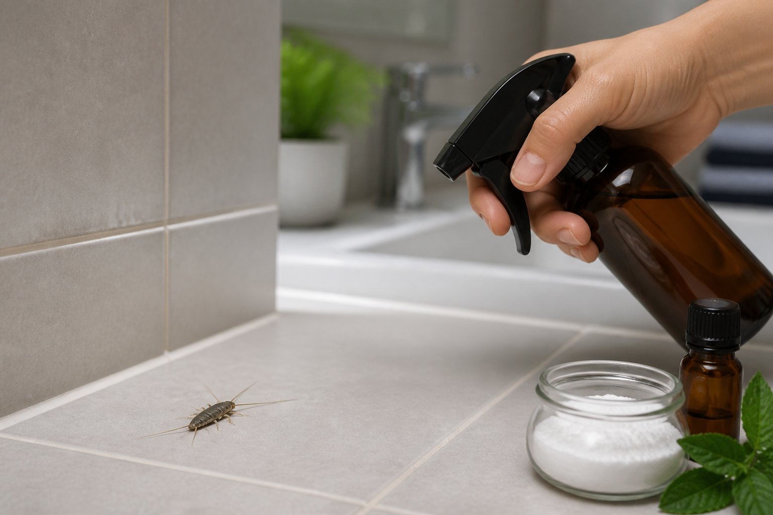Et nærbilde av et skjeggkre som krabber på fliser i et rent baderom med en hånd som holder en sprayflaske for å bekjempe insekter.